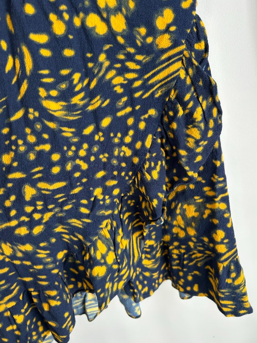 Maje Rosetta Swirling Dot Wrap Dress Ruffle Mini Navy Yellow Size 1 - Picture 8 of 12